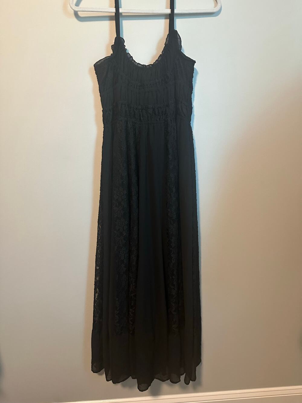 Black Maxi Flowy Dress Lace Adjustable Straps Large Whimsigoth Witchy Goth